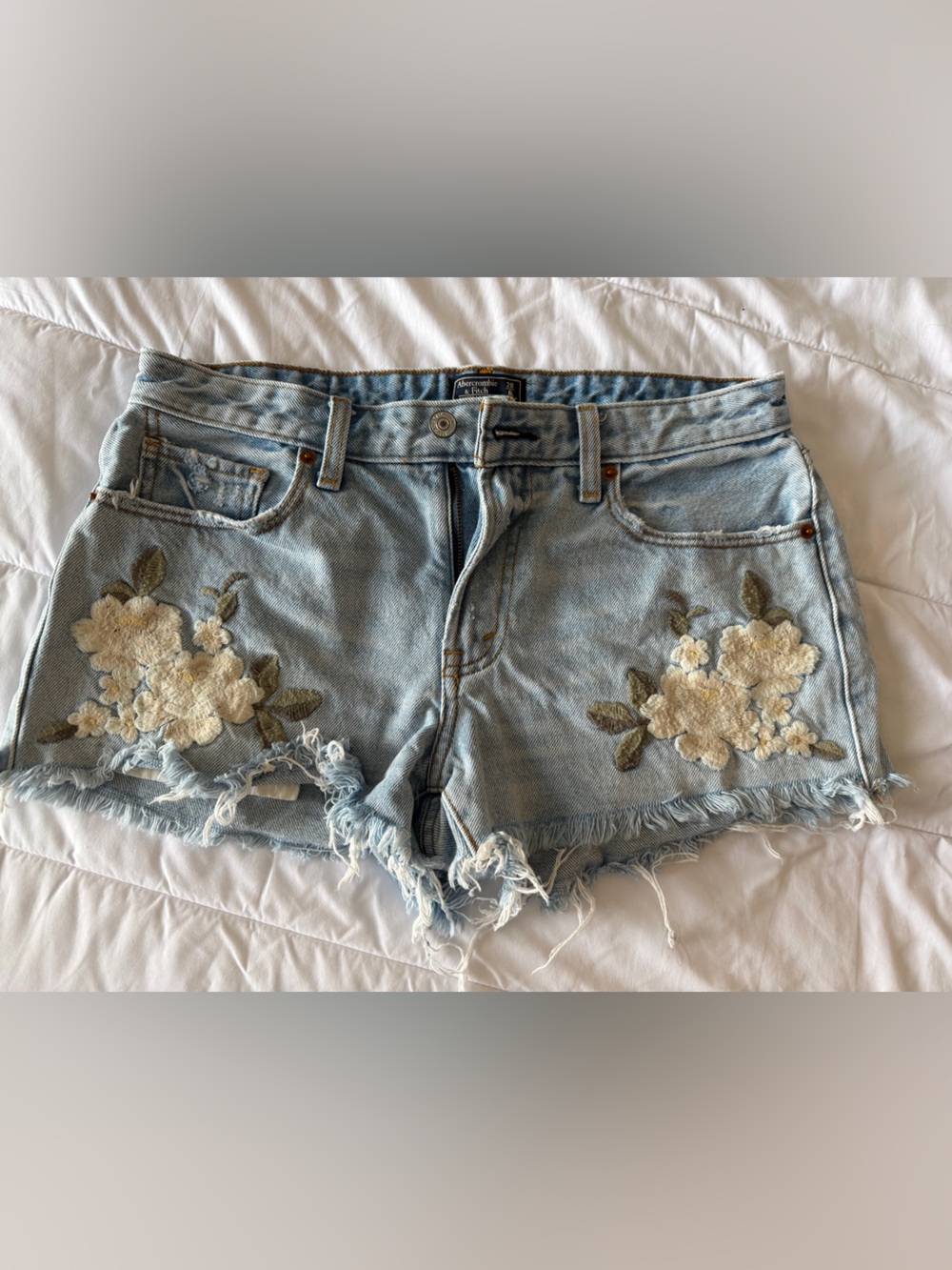 Abercrombie & Fitch Light Blue Denim Shorts with White Floral Appliqué